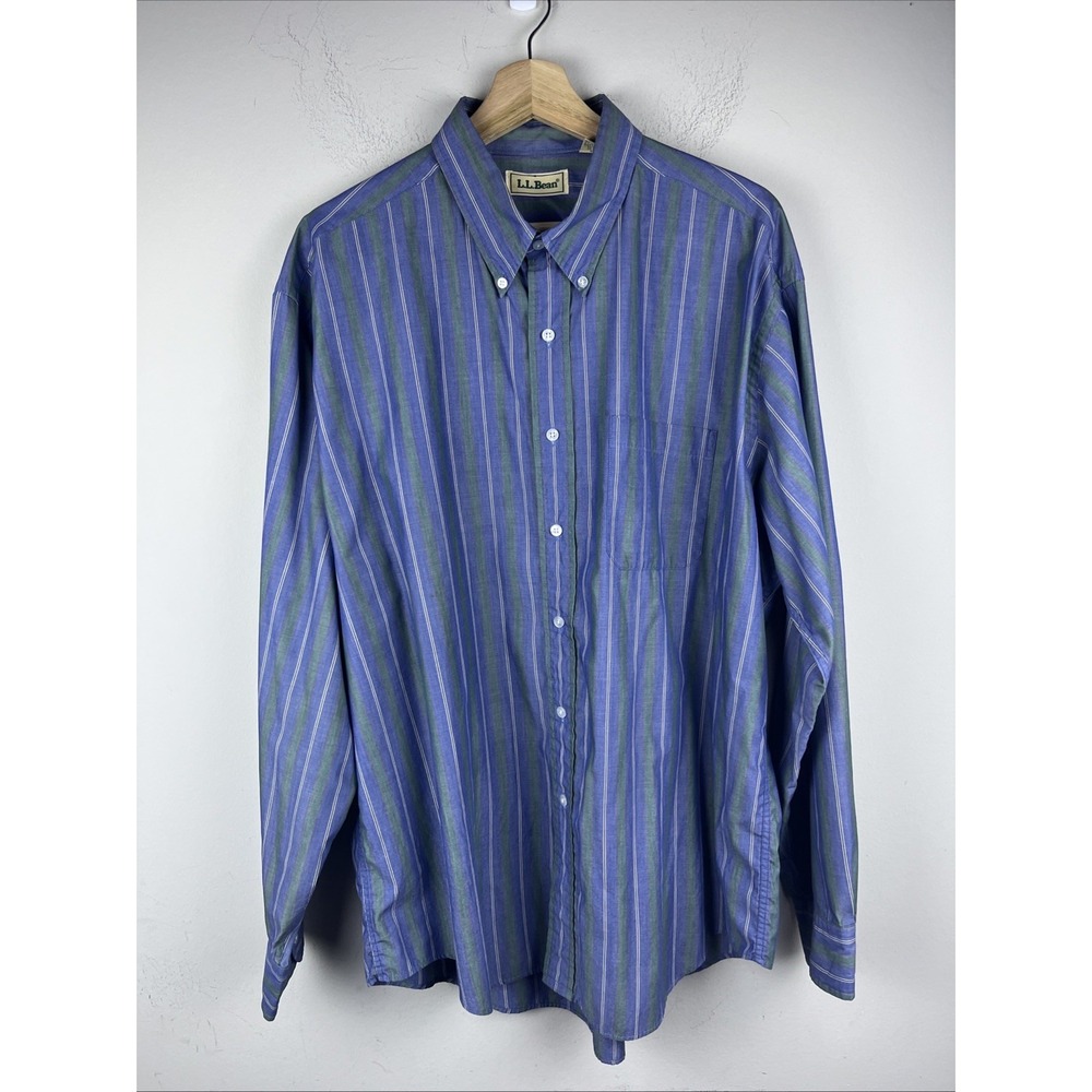 L.L.Bean Men's XL Blue Green Striped Cotton‎ Blend Long Sleeve Button Down Shirt